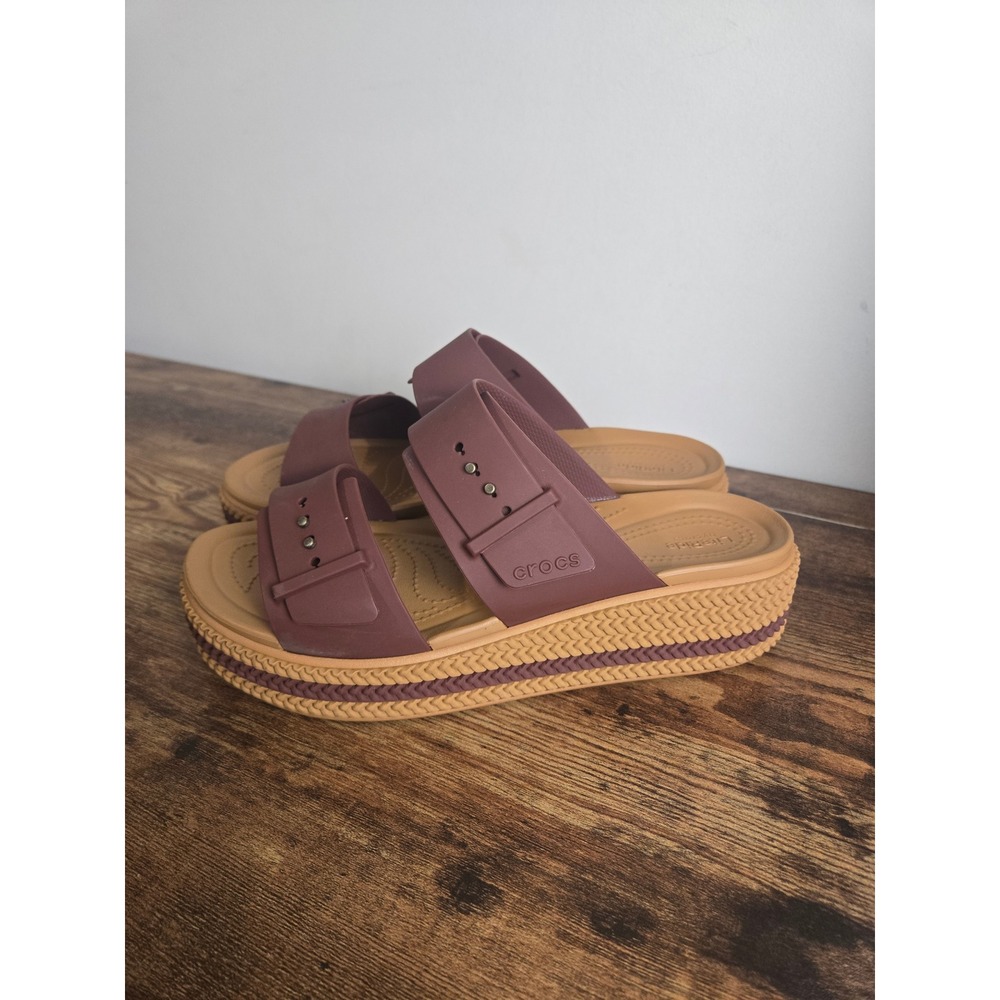 Crocs LiteRide Platform Slide Sandals Burgundy Tan Women 10 Double Strap Buckle